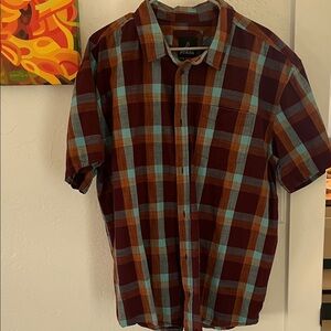 Prana Burgundy and Teal Plaid Button Down Shirt
